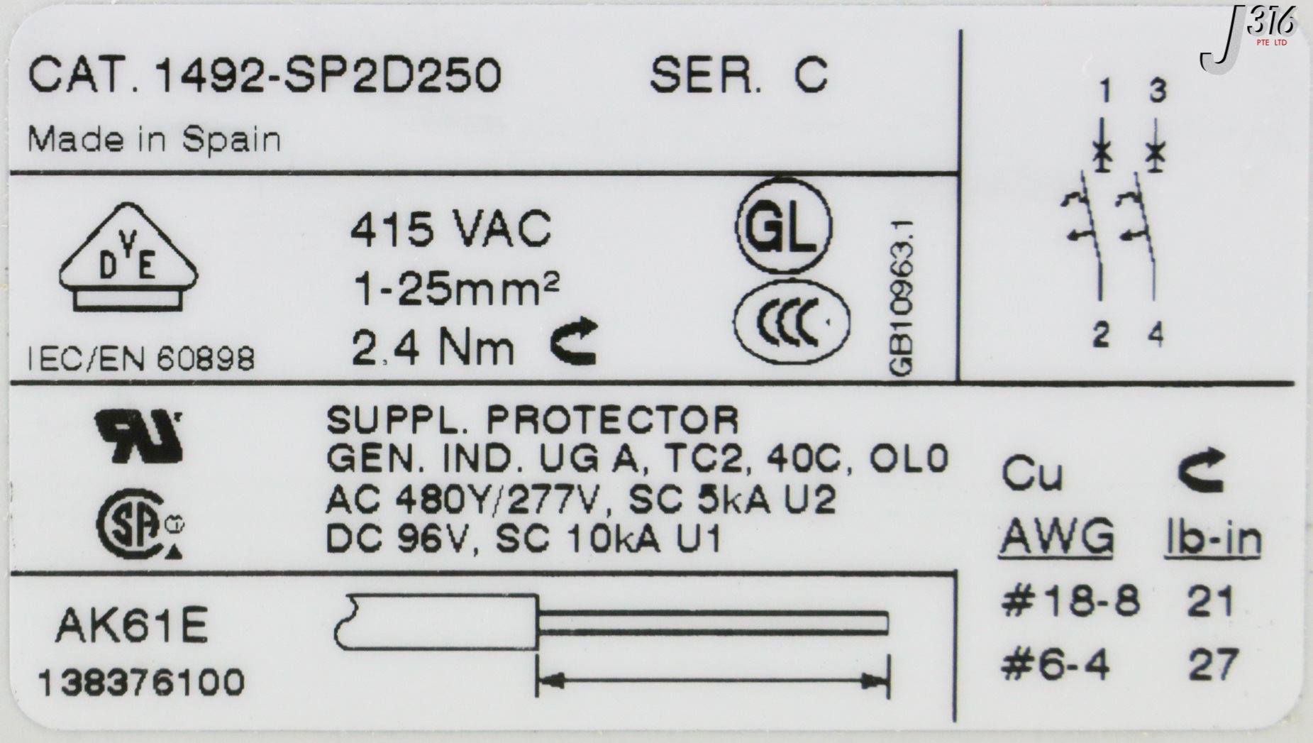 32128 ALLEN-BRADLEY MINIATURE CIRCUIT BREAKER, 25A, 2POLE (NEW